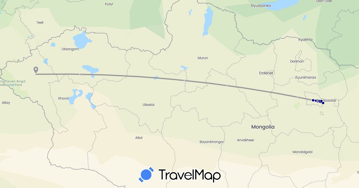 TravelMap itinerary: driving, plane in Mongolia (Asia)
